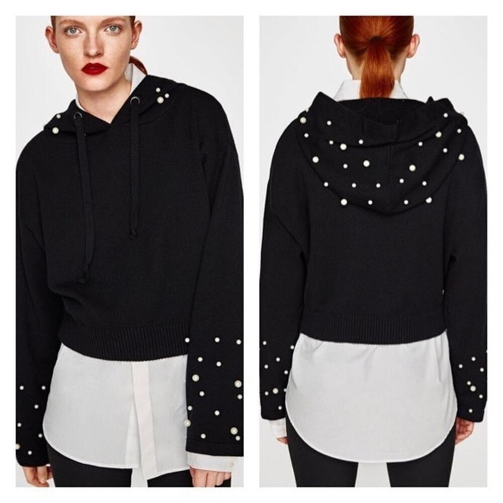 Zara Black Cropped Pearl Embellished Hooded Knit Sweater Size Small